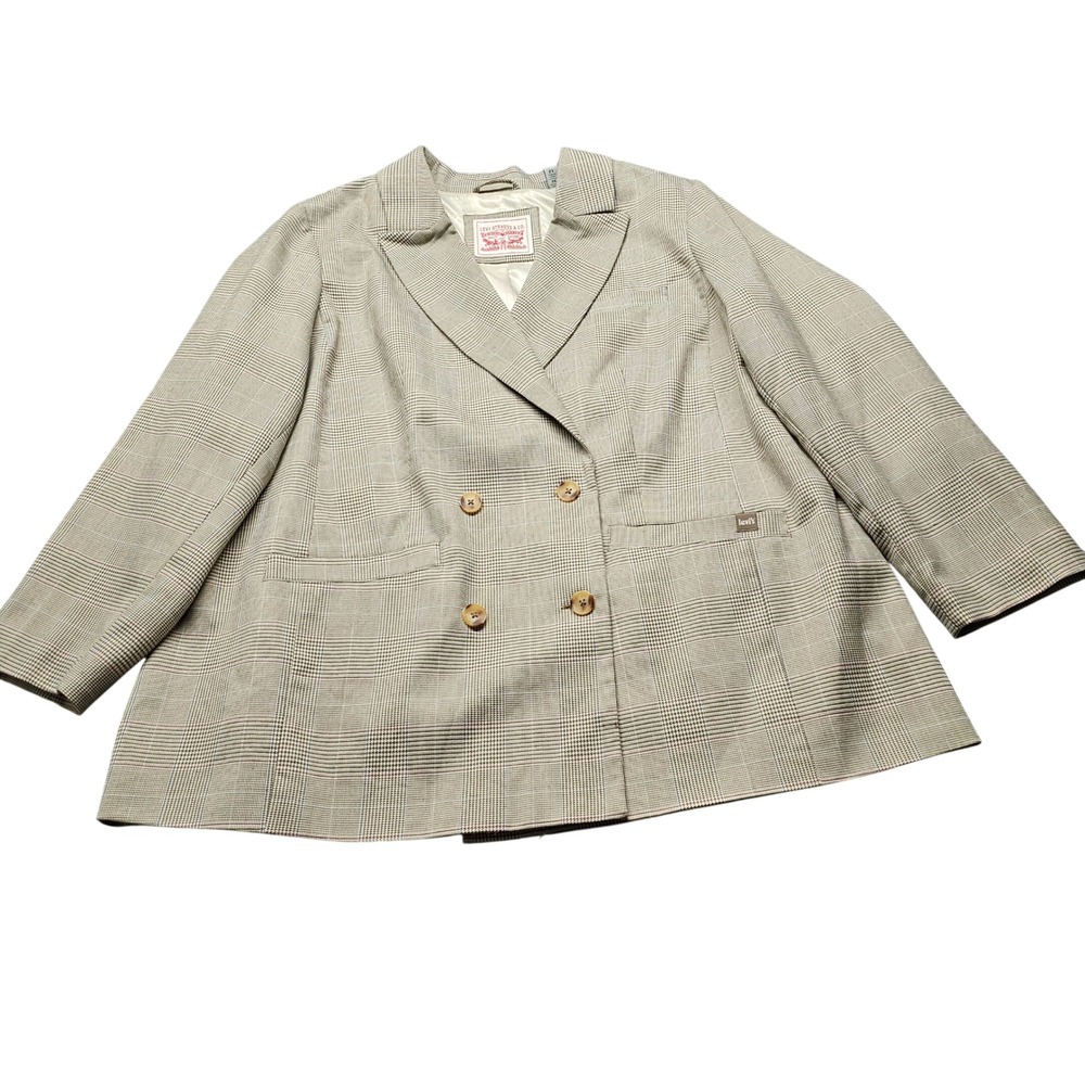 Levi Strauss & Co Double Breasted Glen Plaid Blazer Womens 2X Tan Brown Jacket